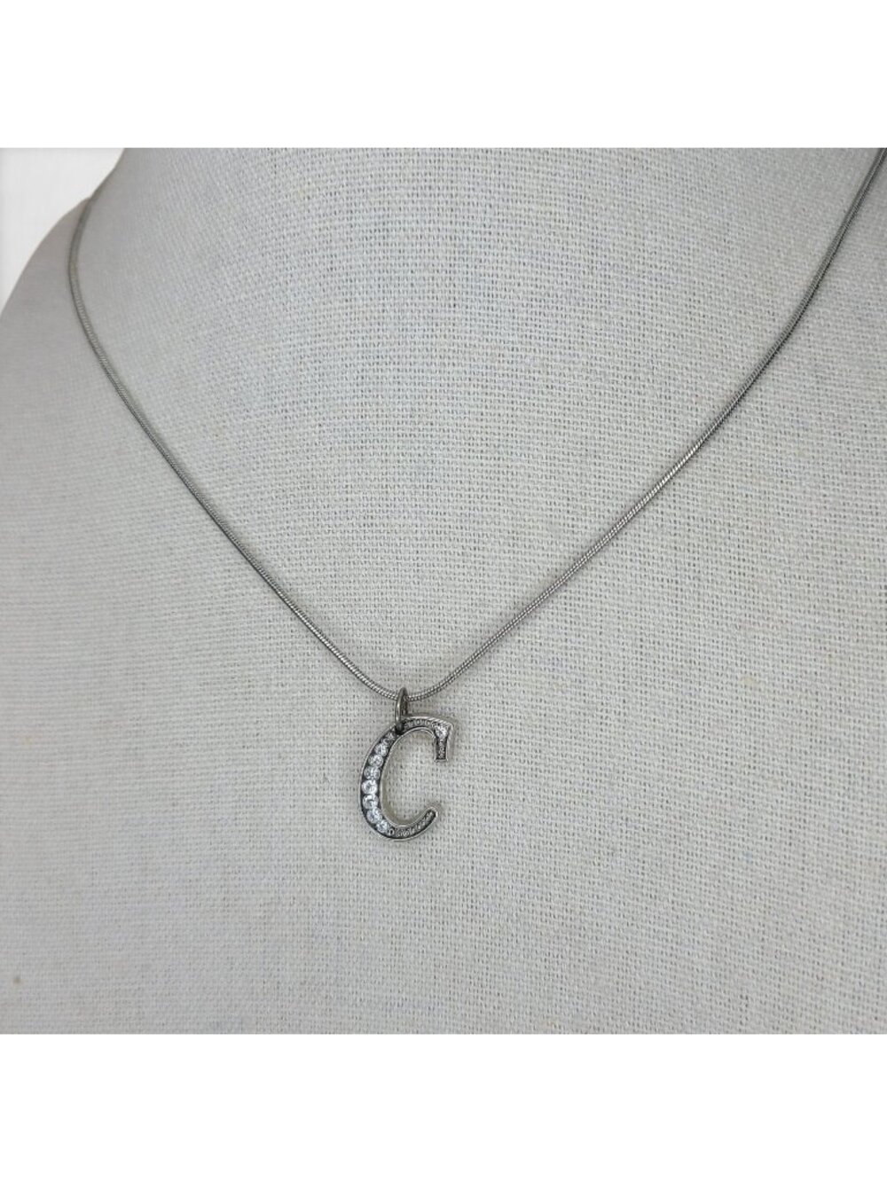 Vintage Avon Silver-Tone "C" Initial Pendant Necklace With Rhinestones 17-20"